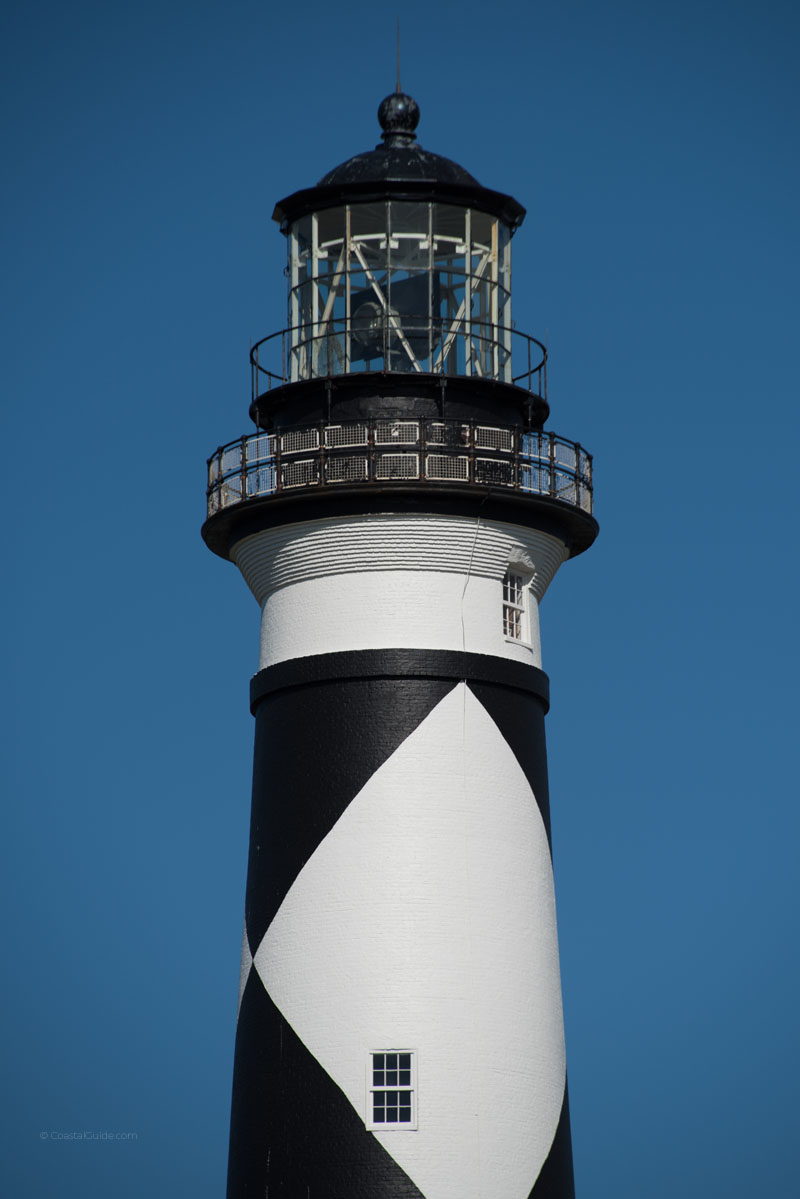 Zoomed view of the top of the Cape Lookout Lighthouse